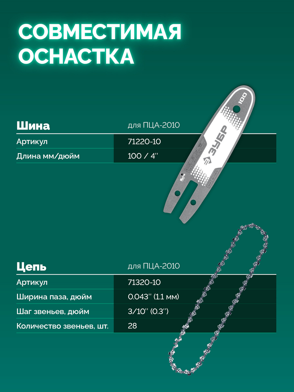 ЗУБР 20 В, 100 мм шина, без АКБ (LMS), мини-пила цепная аккумуляторная (ПЦА-2010)