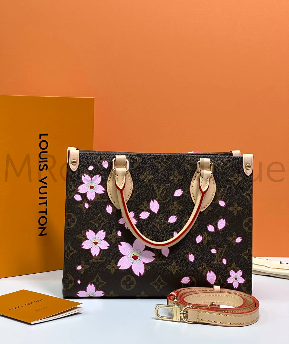 Коричневая сумка Louis Vuitton Onthego PM с узором монограм и цветами