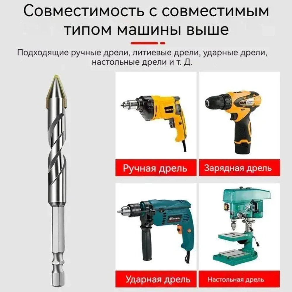 Сверло по металлу, керамике, бетона и стекла 4 шт (6/8/10/12 мм)
