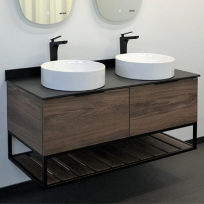 Тумба-умывальник "Порто-120-2" дуб тёмно-коричневый с черной столешницей c двумя раковинами COMFORTY 9110
