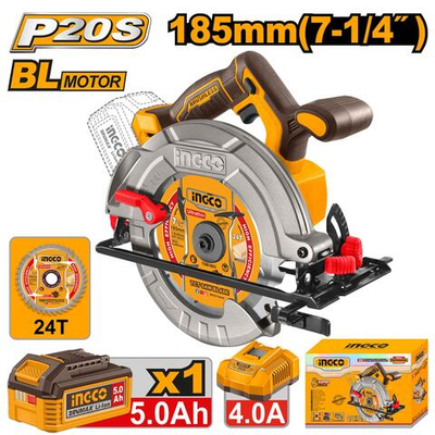 Аккумуляторная циркулярная пила BL 20В 185мм. 1хАКБ 5Ач и ЗУ 4A INGCO CSLI18513 INDUSTRIAL