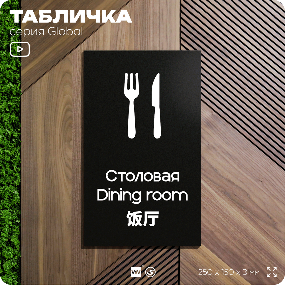 Табличка Столовая, на дверь и стену, информационная и мультиязычная (русский, английский, китайский), серия GLOBAL, 25х15 см, Айдентика Технолоджи