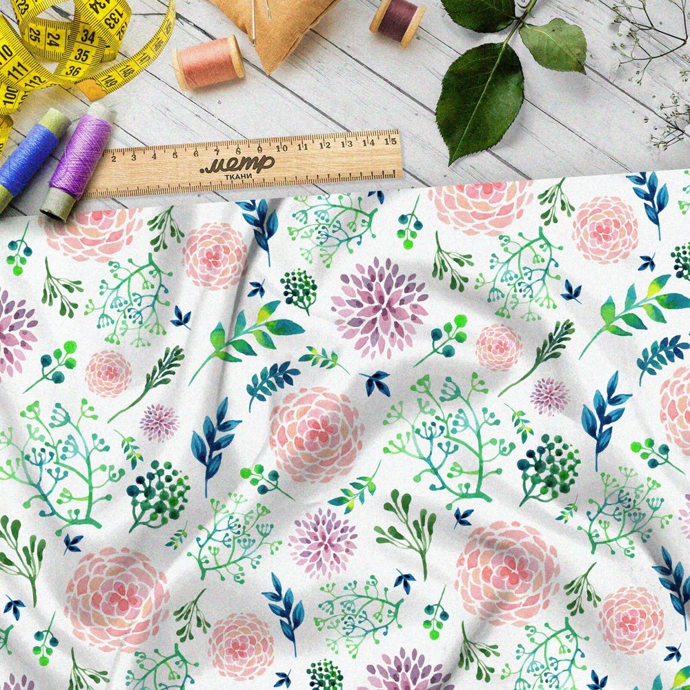 Ткань кулирная гладь акварельные георгины и трава