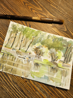 Картина авторская акварельная в паспарту 21х30 см на стену для интерьера "Верхний Царицынский пруд"