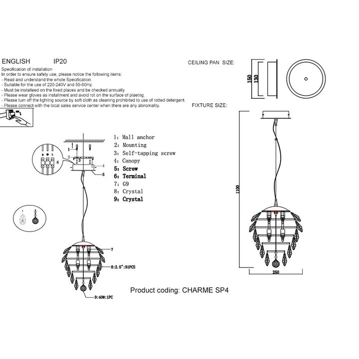 Подвесной светильник Crystal Lux Charme SP4 Gold/Transparent