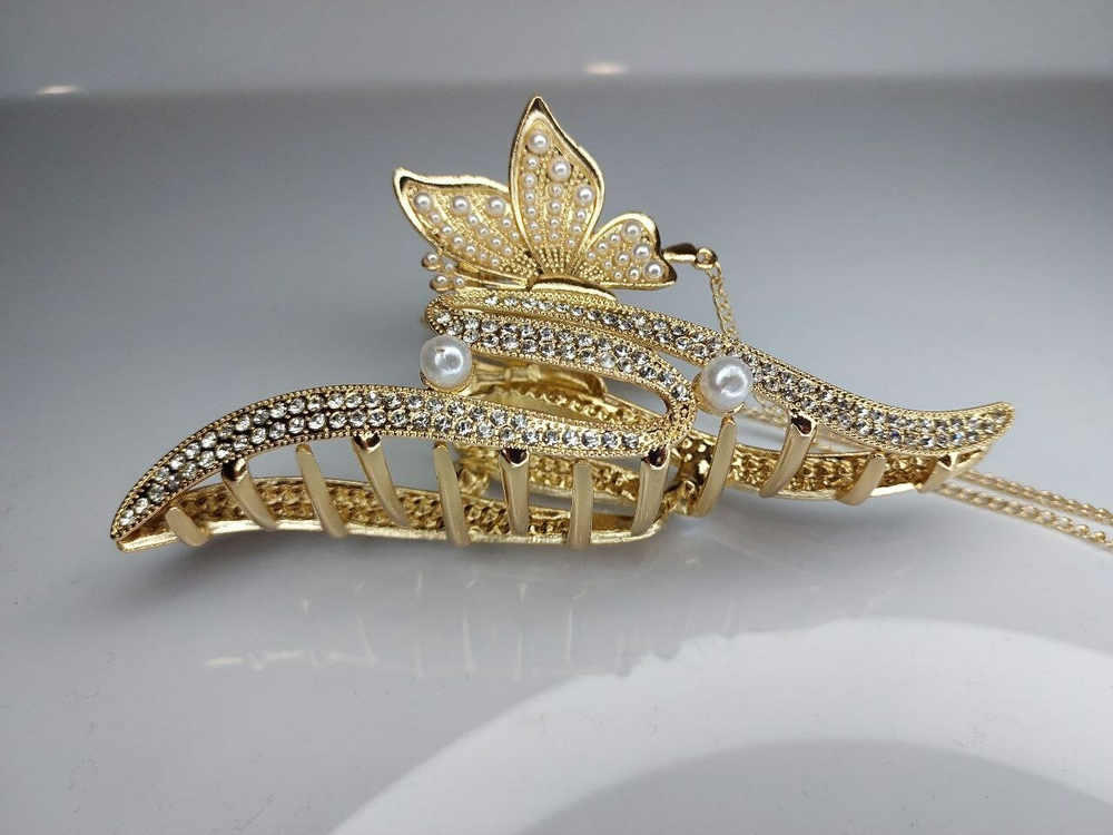 Заколка-краб для волос "Волшебный завиток" со стразами. Цвет золото.