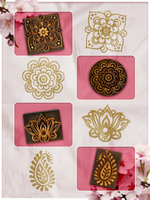 Комбо деревянные штампы 073, 083, 084, 085 + золото по ткани 20 мл