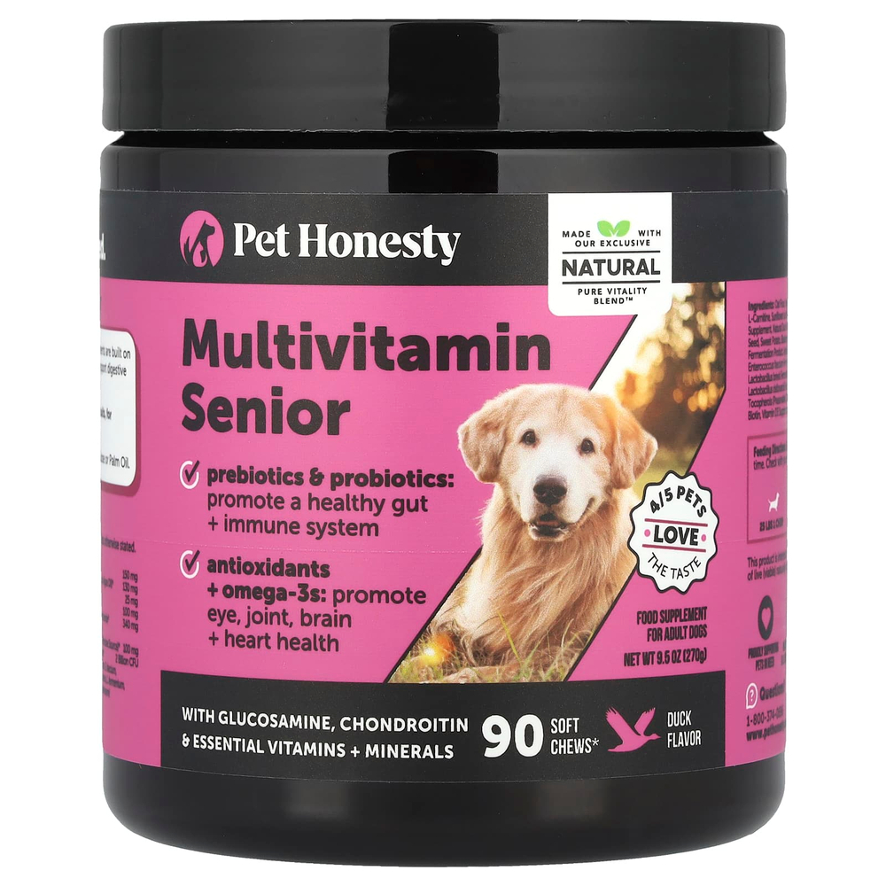 Pet Honesty, Multivitamin Senior, для взрослых собак, утка, 90 жевательных таблеток, 270 г (9,5 унции)