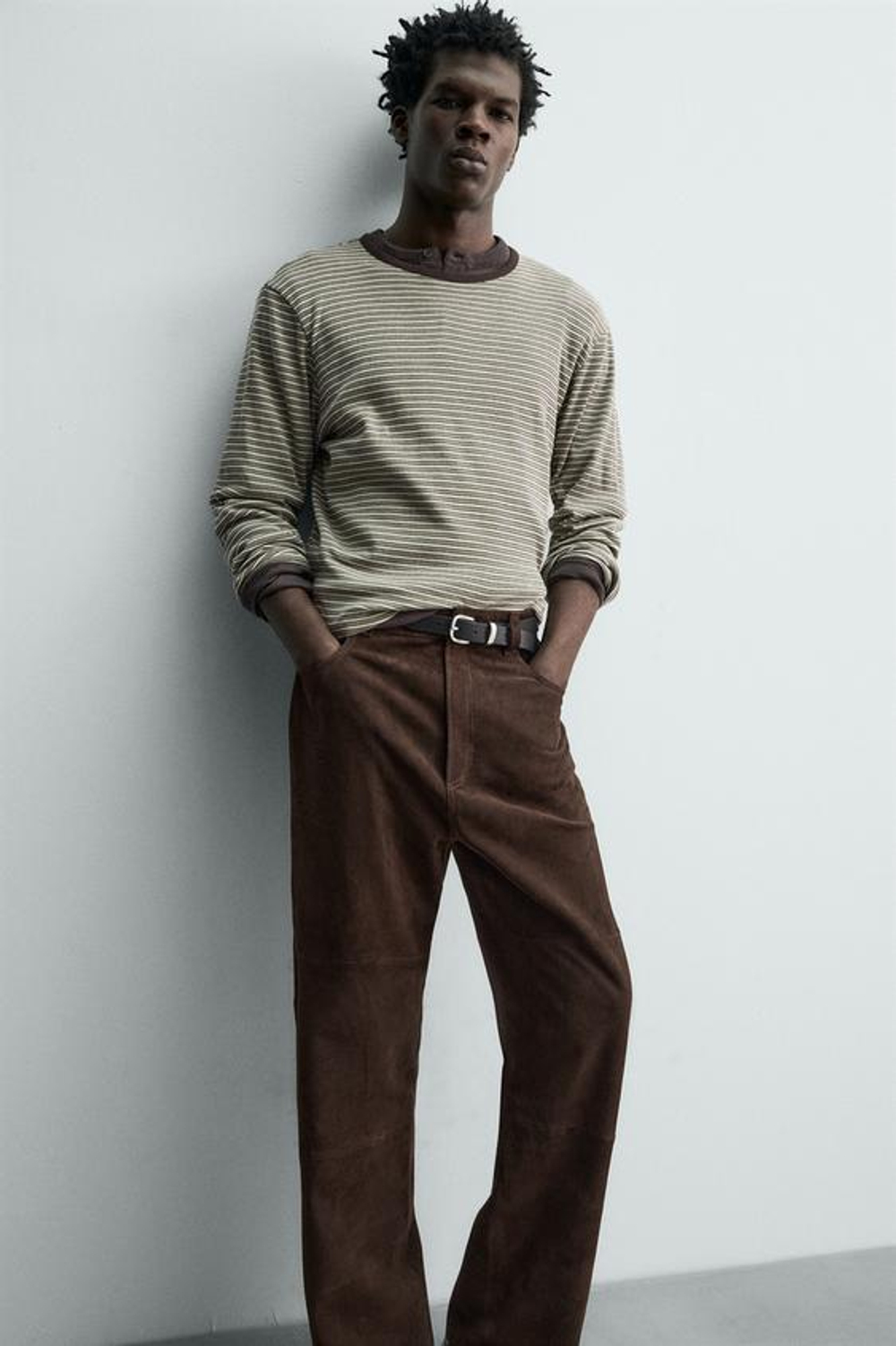 ZARA ПРЯМЫЕ БРЮКИ ИЗ ЗАМШИ, ТЕМНО-КОРИЧНЕВЫЙ