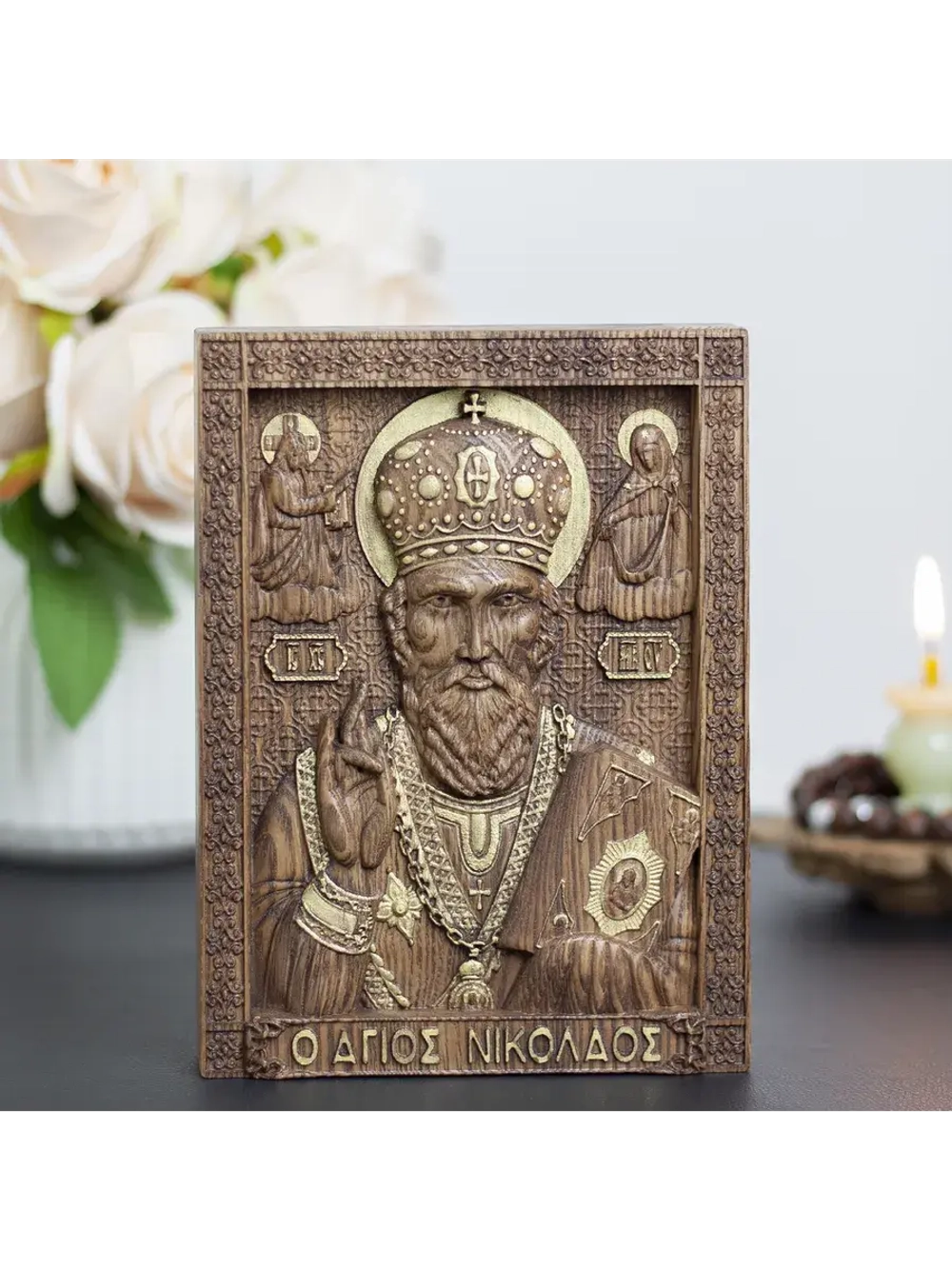 Николай Чудотворец деревянная резная икона, ясень