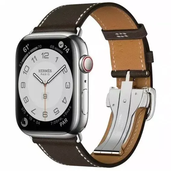 Часы Apple Watch Hermès Series 9 GPS + Cellular 45mm Silver Stainless Steel Case with Ebène Barénia Leather Single Tour Deployment Buckle