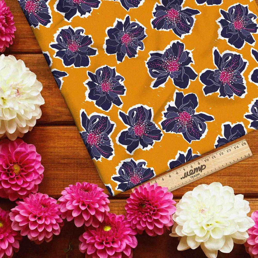 Ткань бифлекс синие цветы на горчичном фоне