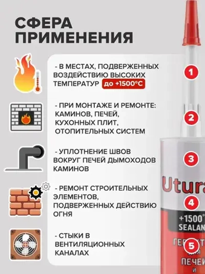 Герметик ДЛЯ ПЕЧЕЙ И КАМИНОВ жаростойкий высокотемпературный силикатный 280 мл ЧЕРНЫЙ до +1500 С