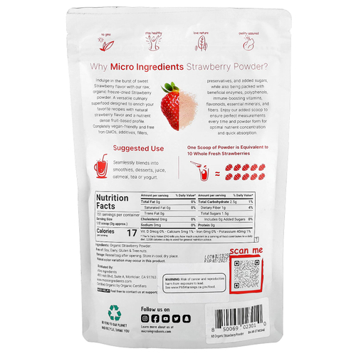 Micro Ingredients, Органический клубничный порошок, 454 г (1 фунт)