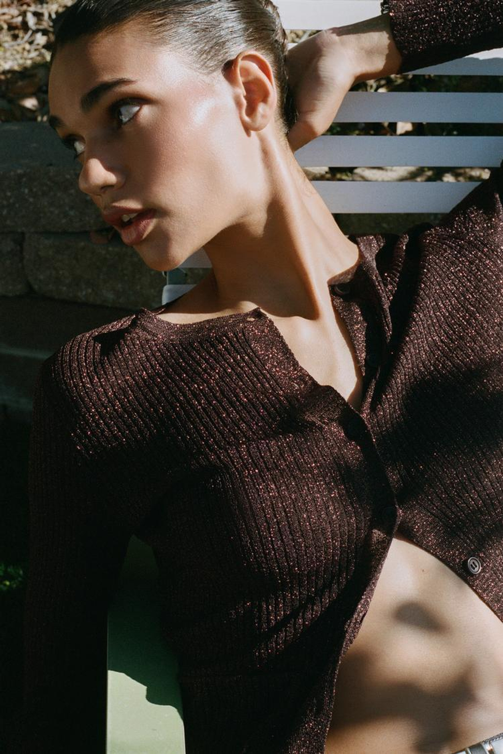 ZARA КАРДИГАН С МЕТАЛЛИЗИРОВАННОЙ НИТЬЮ, СВЕТЛО-КОРИЧНЕВЫЙ