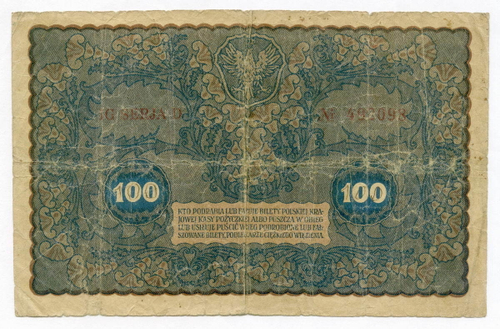 Банкнота Польша 100 марок 1919 год № 492098. F