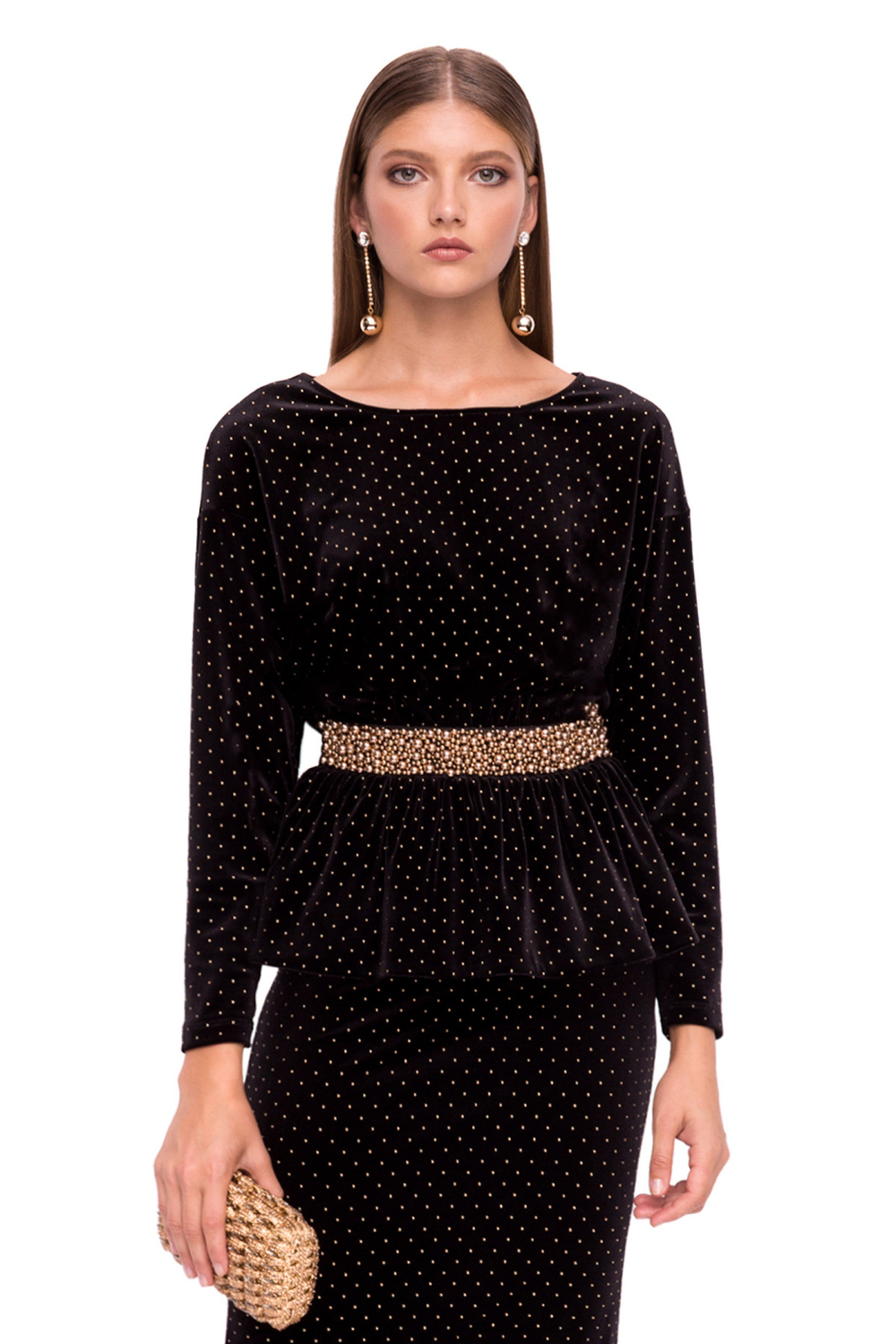 Бархатный топ с баской и длинными рукавами