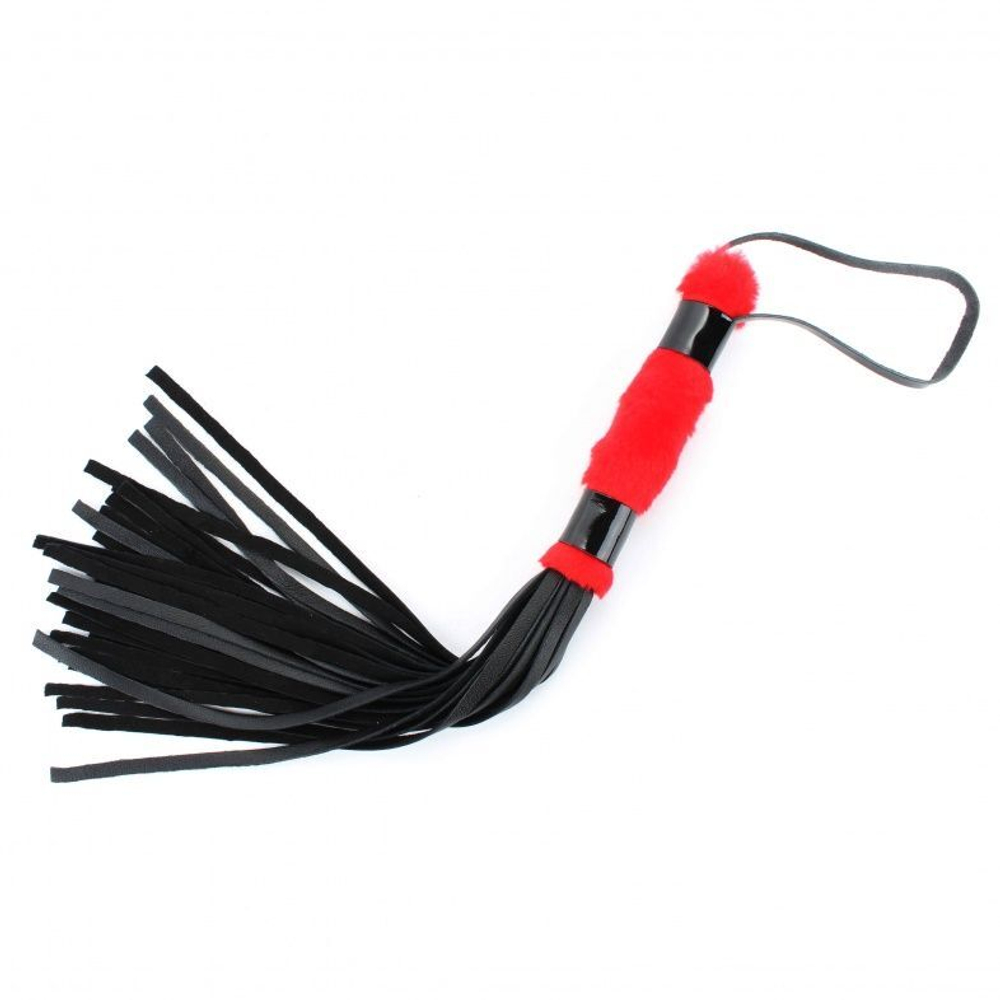 Черная плеть с красной меховой рукоятью - 44 см. (Цвет: черный с красным)