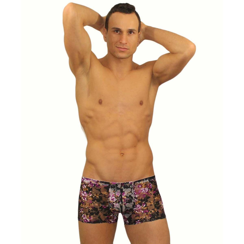 Кружевные мужские трусы-хипсы с цветочным узором (Размер: M) (Цвет: черный)