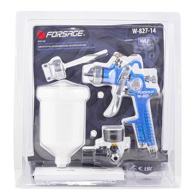 Краскораспылитель с верхним пластиковым бачком,регулятором давления и доп.-ой дюзой (600мл,1.4/1.7мм,2.0-4.0Bar,факел 180-250мм,400л/мин),в блистере Forsage F-W-827-14