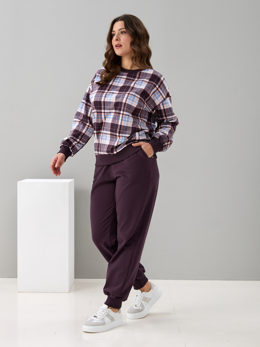 Костюм с брюками КБ-90М/клеткашоколад-бежголубой