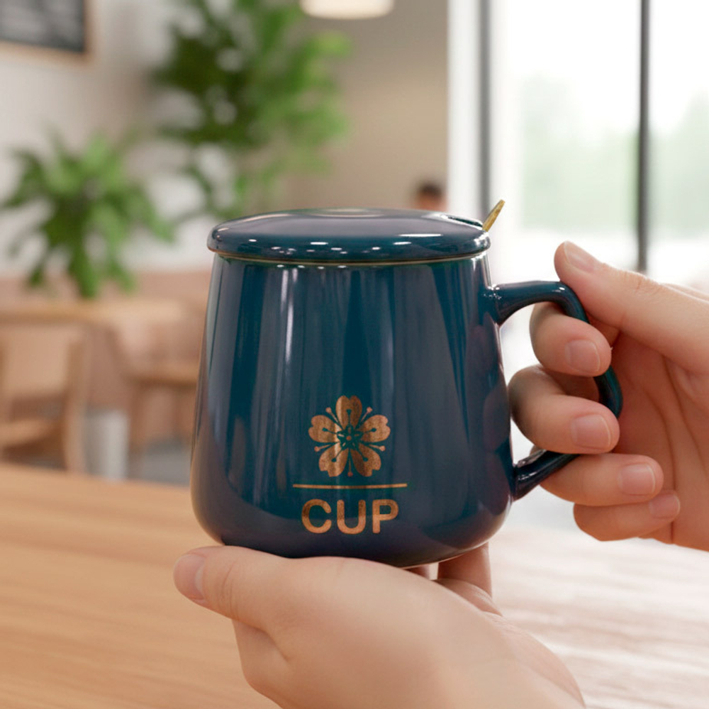 Керамическая кружка с крышкой и ложкой, 9,5*7,7 см, темно-зеленый/серый, 400 мл