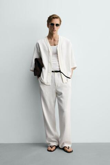 ZARA БРЮКИ RELAXED FIT ИЗ ВИСКОЗЫ И КОНОПЛИ, ЖЕЛТОВАТО-БЕЛЫЙ