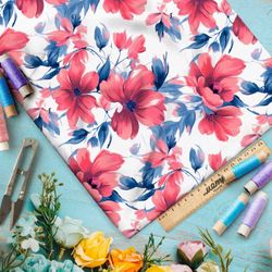 Ткань премиум шелк искусственный Армани крупные цветы с голубыми листьями