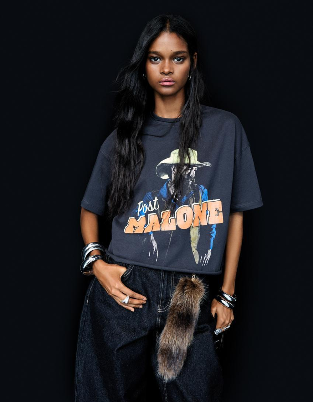 BERSHKA Футболка с принтом Post Malone, серый