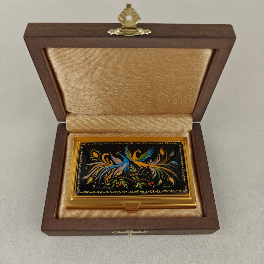 Визитница "Две Жар-птицы" (роспись Палех) желт.