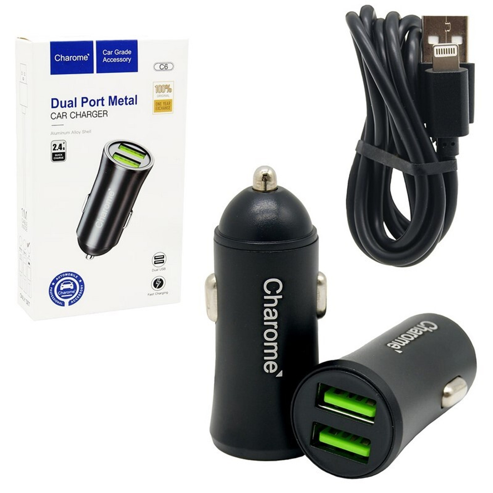 Автомобильный адаптер питания CHAROME C6 2USB 2.4A + кабель Lightning (черный)