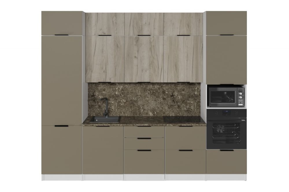 Кухонный гарнитур Альба экстра 3000 мм, каркас ЛДСП, фасад ЛДСП, Белый/Дуб браун/Мокко