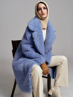 Шуба из овечьей шерсти, голубая, SilverFox