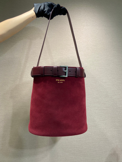 Prada Buckle Belted Suede Bucket Bag 28 cm