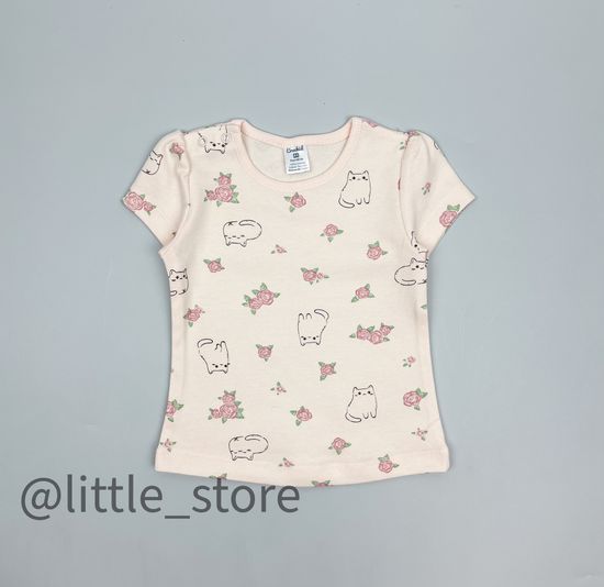 Футболка хлопковая "Кошечки и цветочки" светлый жемчуг