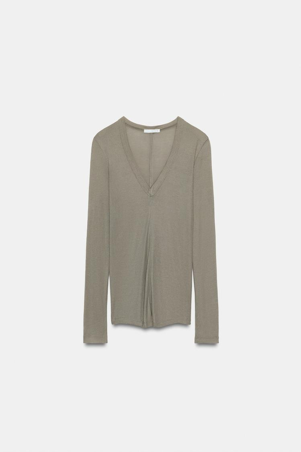 ZARA ФУТБОЛКА В РУБЧИК С V-ОБРАЗНЫМ ВЫРЕЗОМ, СВЕТЛЫЙ ХАКИ