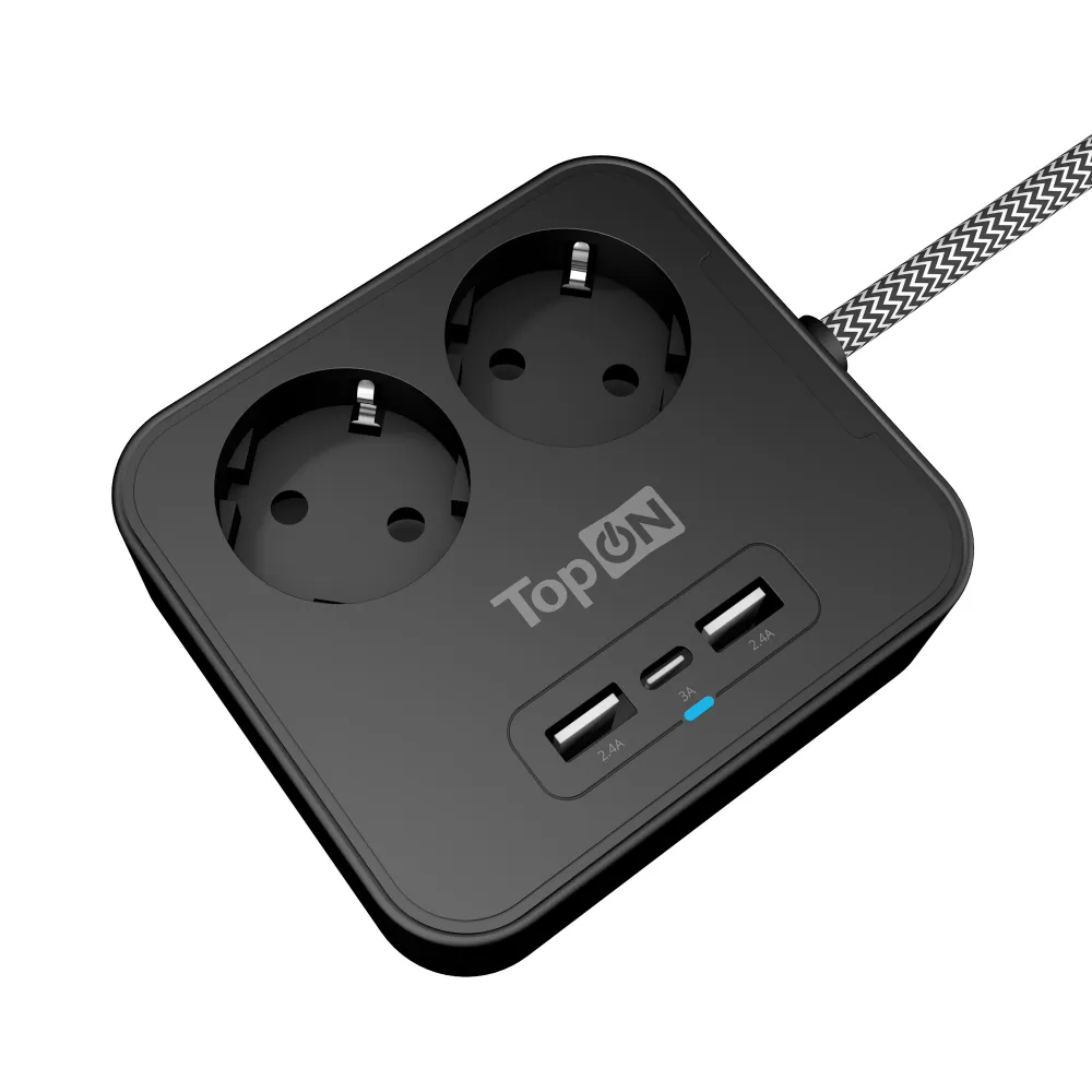Сетевой фильтр TopON TOP-PWS2 на 2 розетки с 2 USB-A и USB-C, 4000W, 1.5 м Черный.