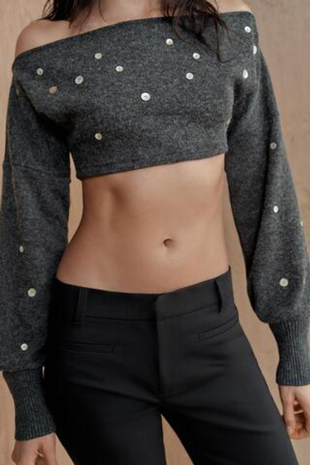 ZARA УКОРОЧЕННЫЙ ТОП ИЗ МЯГКОЙ ТКАНИ С ПУГОВИЦАМИ, АНТРАЦИТОВО-СЕРЫЙ