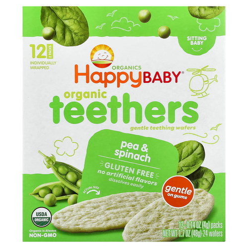Happy Family Organics, Happy Baby®, органические вафли для прорезывания зубов, для малышей, умеющих сидеть, горох и шпинат, 12 пакетиков по 4 г (0,14 унции)