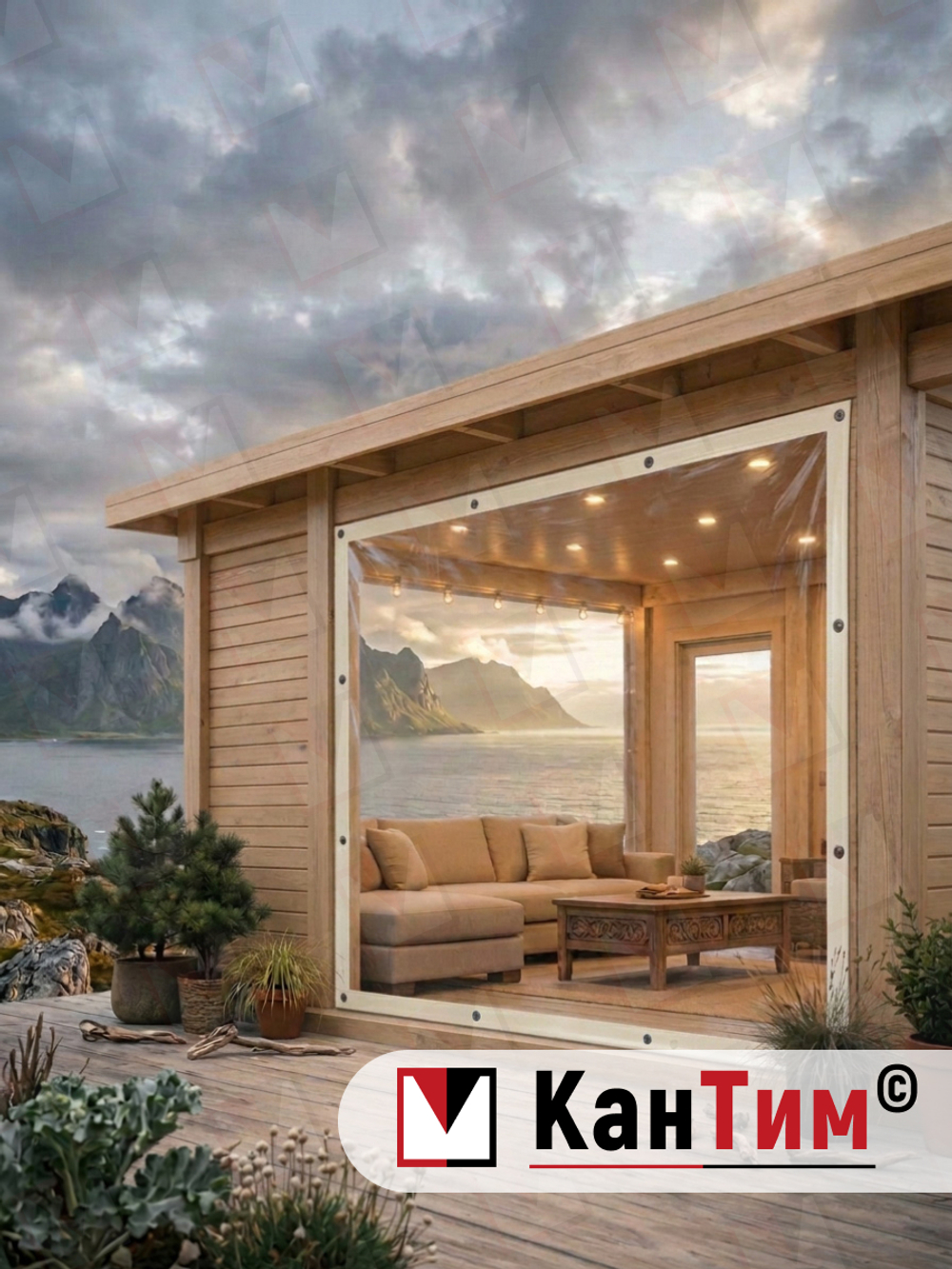 Мягкое ПВХ-окно 700 мкм | Бежевая окантовка | Чёрный люверсы |  Глухое | Ширина: 105 см Высота: 80-350 см