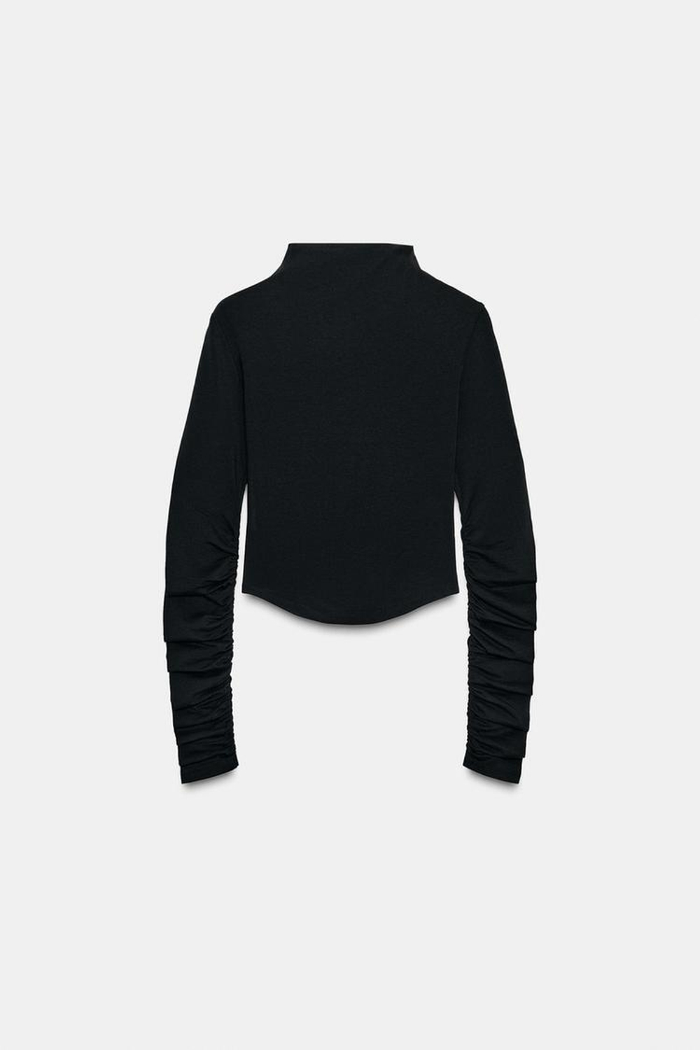 ZARA ФУТБОЛКА ИЗ ХЛОПКА И МОДАЛА СО СБОРКАМИ, ЧЕРНЫЙ