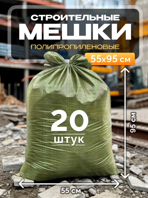 Мешки для строительного мусора 55х95 см (20 штук) зеленые.