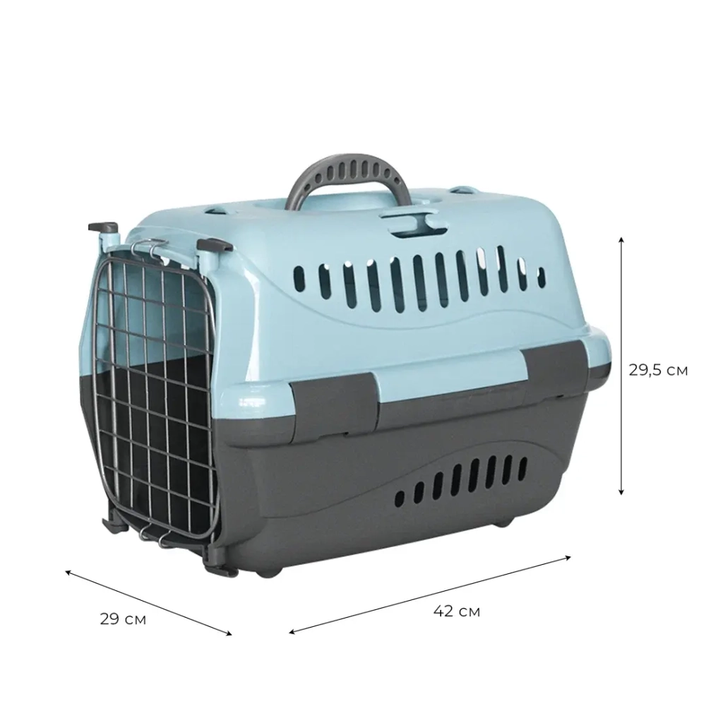 Переноска пластиковая ZOOEXPRESS "Турне" с металлической дверцей - 42х29х29,5 см (S) - голубая
