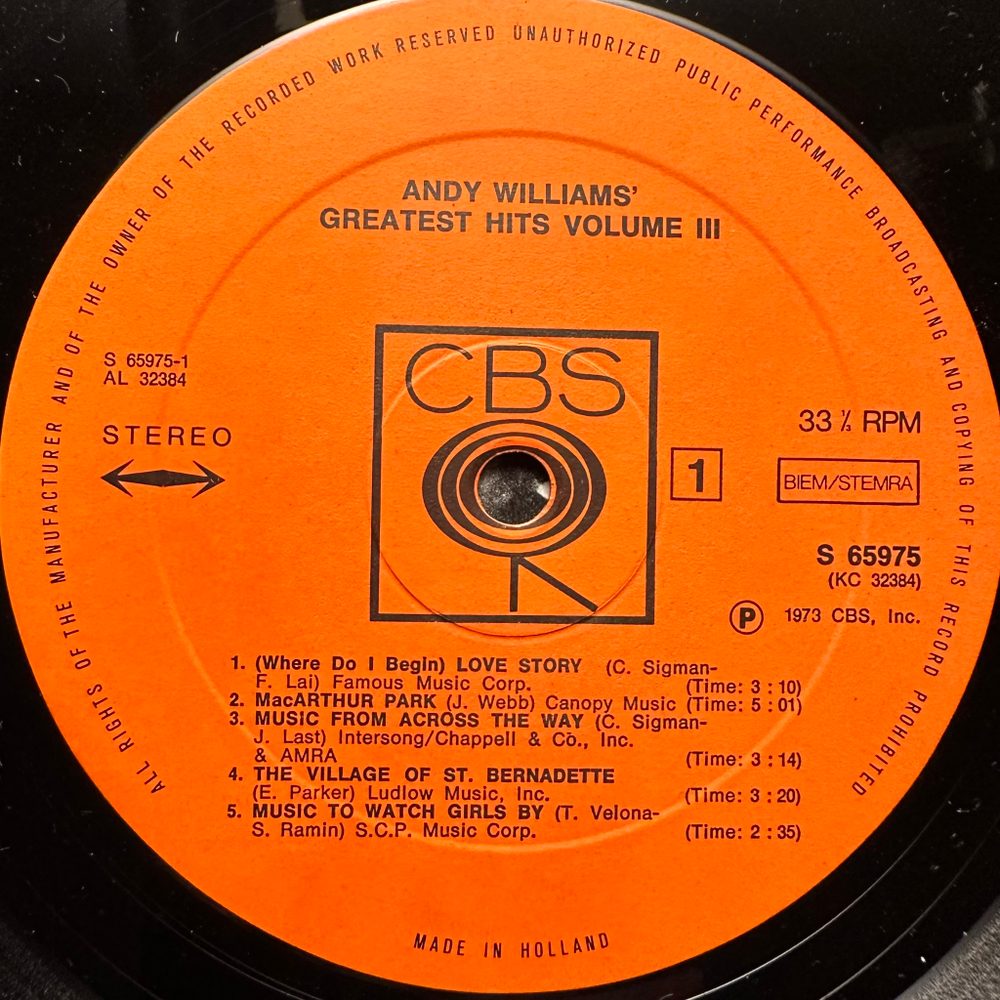 Andy Williams - Greatest Hits Vol. 3 (Голландия 1974г.)