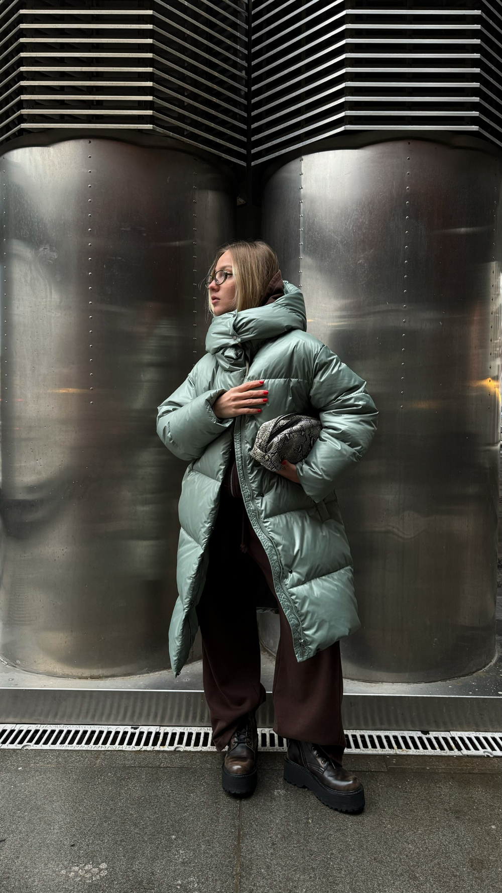 MIDI пуховик с объемным капюшоном, Green Iceberg🍃🍃🍃