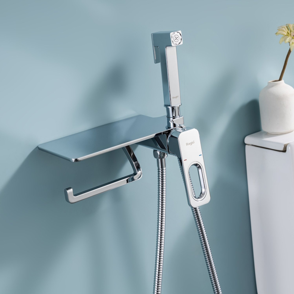 Гигиенический душ со смесителем встраиваемый с полкой и бумагодержателем Raglo R51.55, хром