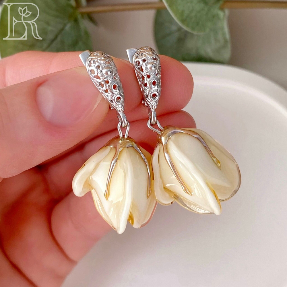 LEFIREL' Серьги серебряные женские "Энель" с цветами из муранского стекла / ювелирные украшения из родированного серебра 925