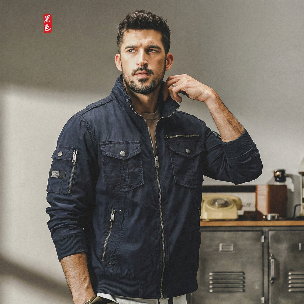 Мужская ветровка на резинке в Американском ретро-стиле из натурального хлопка без капюшона.