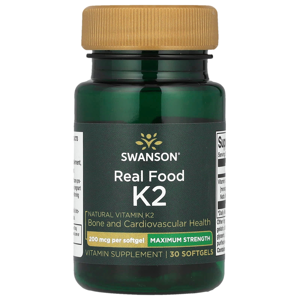 Swanson, Real Food K2, витамин K2, максимальная сила действия, 200 мкг, 30 мягких таблеток