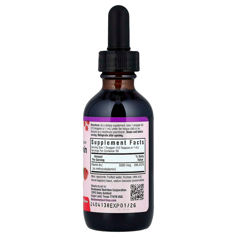 Bluebonnet Nutrition, CellularActive® жидкий метилкобаламин с витамином B12, малина, 5000 мкг, 59 мл (2 жидк. Унции)